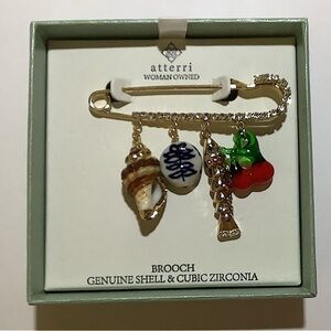 Atterri Pave Charm Safety Pin Brooch Seashell Cherries New
